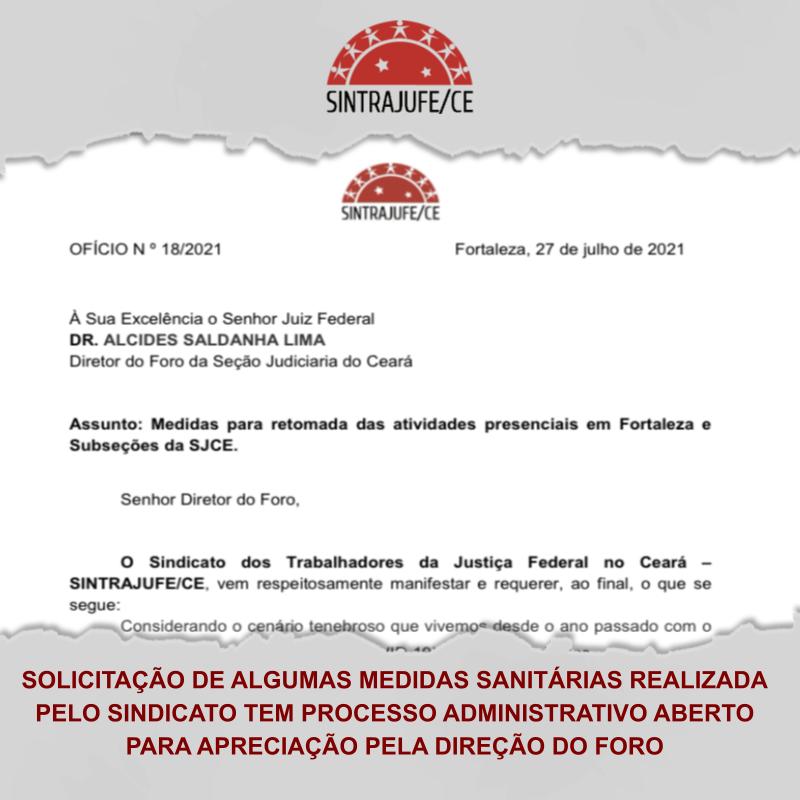 SOLICITAÇÃO DE ALGUMAS MEDIDAS SANITÁRIAS REALIZADA PELO SINDICATO TEM PROCESSO ADMINISTRATIVO ABERTO PARA APRECIAÇÃO PELA DIREÇÃO DO FORO